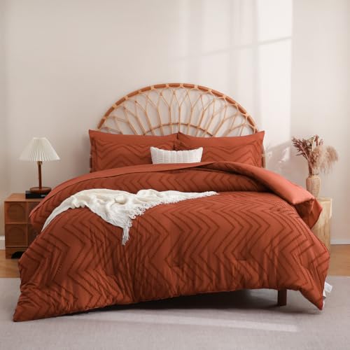 Sheet&Joy Twin Comforter Set with Sheets Burnt Orange - 5 Pieces Boho Tufted Shabby Chic Bed in a Bag, Fluffy Soft Farmhouse Bed Set for All Seasons Sheet&Joy