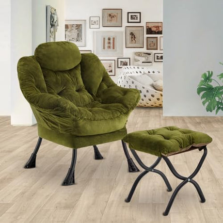 Congermom Lazy Chair with Folding Ottoman,Leisure Sofa Chair,Soft Fabric Armchair with Armrests and Side Pockets, Reading Chair with Footrest for Living Room, Bedroom, Office (Plush Green) Congermom