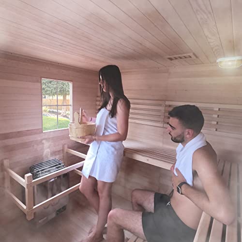 ALEKO Sauna Cottage with Asphalt Roof and Accessories | Canadian Hemlock Wood | Wet Steam Room | Outdoor | 8 Person | Upgraded Premium European 8 kW Harvia KIP Electric Heater | SKD8HEM - WoodArtSupply