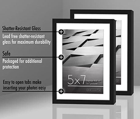 Americanflat 5x7 Picture Frame in Black - Set of 2 - Use as 4x6 Picture Frame with Mat or 5x7 Frame Without Mat - Thin Border Photo Frame with Shatter-Resistant Glass and Easel for Wall or Tabletop Americanflat