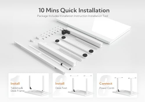 Claiks Glass Standing Desk with Drawers, 48×24 Inch Adjustable Stand Up Desk, Quick Install Home Office Computer Desk with USB Ports, White Claiks