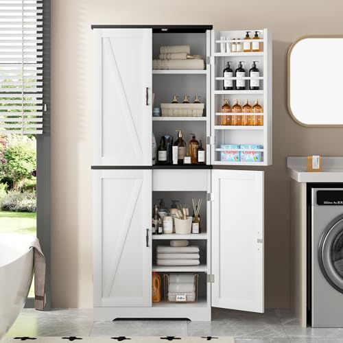 Shintenchi Kitchen Pantry Cabinet, Freestanding Farmhouse Storage Cabinet with 8 Door Shelves, 2 Cabinets and 1 Drawer, Tall Cupboard for Kitchen, Living Room, Dining Room and Bathroom, White Shintenchi