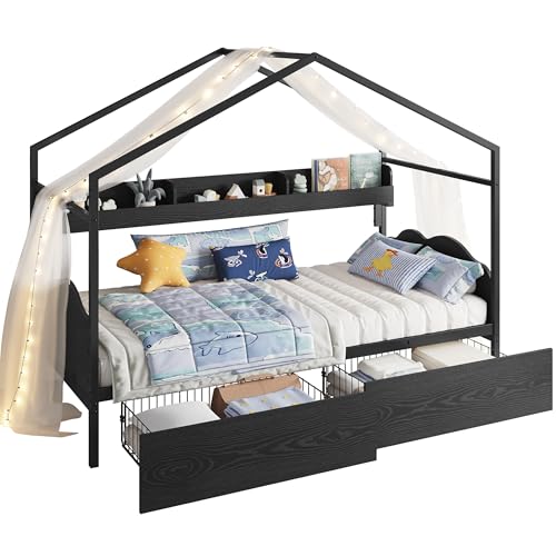 LIKIMIO Twin Bed Frame with 2 Storage Drawers, DIY House Bed with Bookshelf & Curved Headboard & Footboard, Twin Corner Bed Frames for Bedroom, No Box Spring Needed, Black LIKIMIO