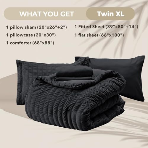HYMOKEGE Black Twin XL Comforter Set Seersucker 5 Pieces, All Season Luxury Bed in a Bag for Bedroom, Bedding Set with Comforters, Sheets, Pillowcase & Sham HYMOKEGE