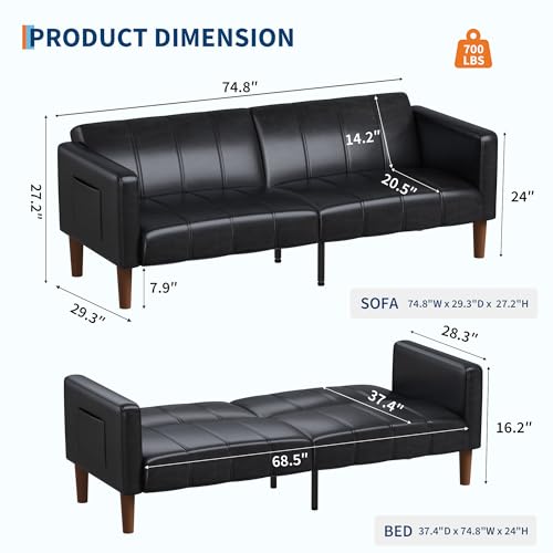 GarveeHome Futon Sofa Bed, 75-Inch Modern Faux Leather Convertible Couch, Mid-Century Loveseat for Small Space, Living Room, Bedroom, Black GarveeHome