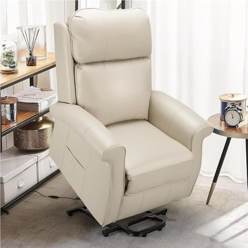 Power Lift Recliner Chair for Elderly Adults Adjustable Lounge Sofa Cream White Faux Leather Lay Flat Function Supportive Backrest Side Pocket SDKOLPBNMZX