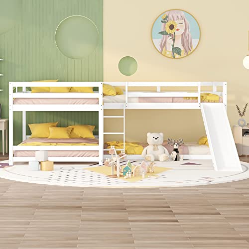 L-Shaped Quad Bunk Bed, Four Bunk Bed Twin Over Twin with Angle Ladder,Wooden Corner 4 Bed Bunk Bed Compatible with 0, Teens, Adults, No Box Spring Needed (Twin, Grey),Modern Style MhaRt