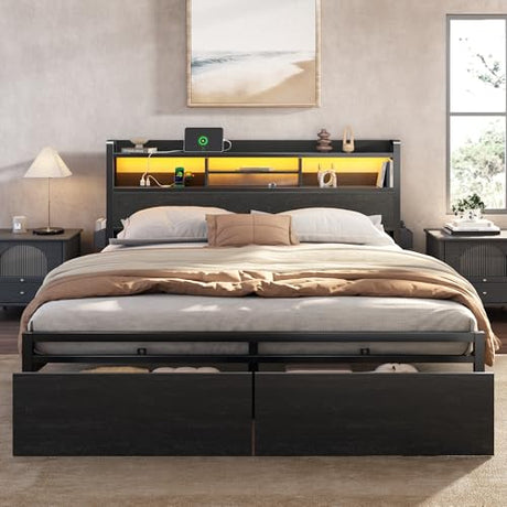 Furnulem King Bed Frame with Wood Headboard & Storage Drawers, Metal Platform Bed Frames King Size with LED Lights, Built in Charging Station, No Box Spring Needed, No Noise, Easy Assembly, Black Furnulem