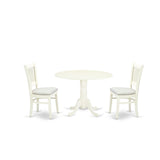 East West Furniture Dublin 3 Piece Modern Set Contains a Round Wooden Table with Dropleaf and 2 Fabric Upholstered Dining Chairs, 42x42 Inch, Linen White East West Furniture