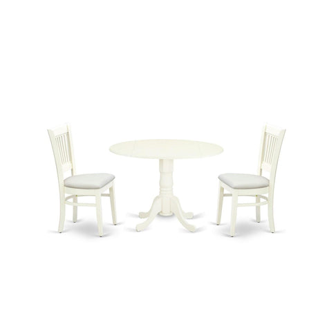 East West Furniture Dublin 3 Piece Modern Set Contains a Round Wooden Table with Dropleaf and 2 Fabric Upholstered Dining Chairs, 42x42 Inch, Linen White East West Furniture