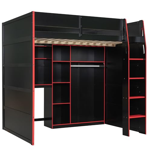 Merax Wood Loft Bed with Desk, Open Wardrobe, Storage Compartments and RGB Lights, Full Size, Red Merax