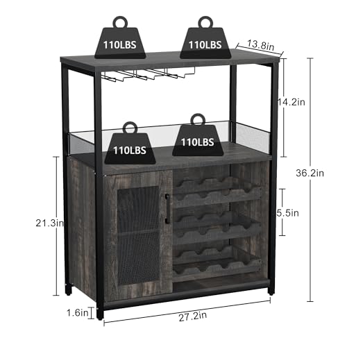 IDEALHOUSE 3-Tier Wine Bar Cabinet with Detachable Wine Rack and Storage Space, Buffet Cabinet with Glass Holder and Mesh Door, for Kitchen, Living Room and Bar (Dark Wood) IDEALHOUSE