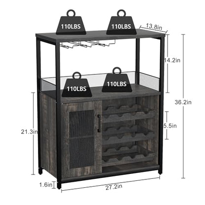 IDEALHOUSE 3-Tier Wine Bar Cabinet with Detachable Wine Rack and Storage Space, Buffet Cabinet with Glass Holder and Mesh Door, for Kitchen, Living Room and Bar (Dark Wood) - WoodArtSupply