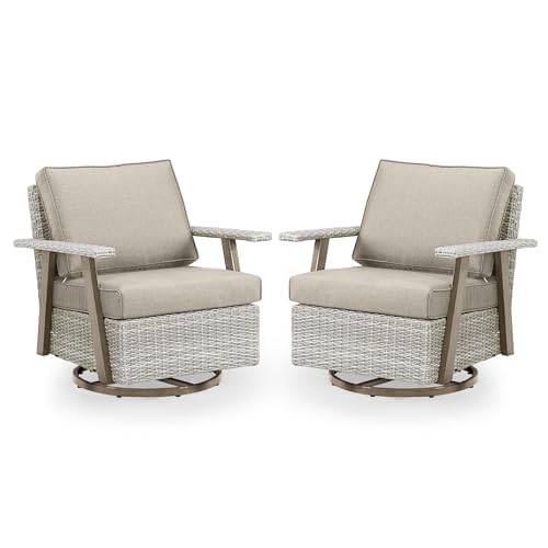Auzfy 2 Pieces Oversized Outdoor 360° Swivel Rocker Patio Chairs Set, Outdoor Swivel Rocking Glider Chairs Set of 2, PE Wicker Rattan Outdoor Patio Swivel Rocking Furniture Set, Grey Auzfy