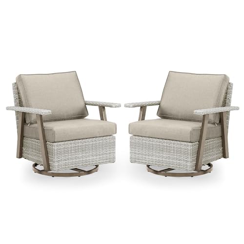 Auzfy 2 Pieces Oversized Outdoor 360° Swivel Rocker Patio Chairs Set, Outdoor Swivel Rocking Glider Chairs Set of 2, PE Wicker Rattan Outdoor Patio Swivel Rocking Furniture Set, Grey