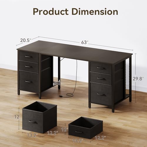 ODK 63 Inch Office Desk with 6 Fabric Drawers, Large Computer Desk for Home Office with Hidden Storage Shelves, Black ODK