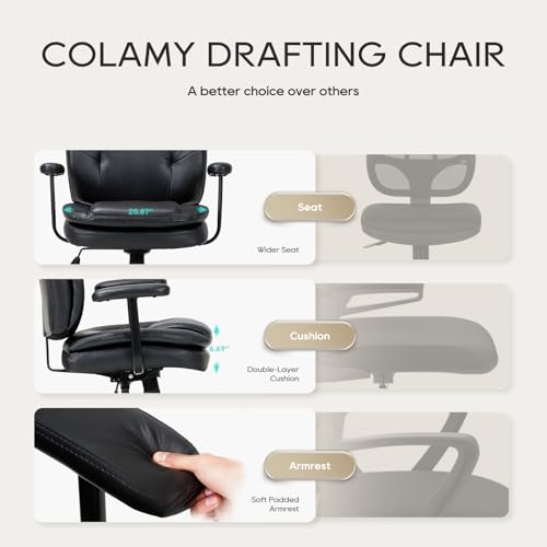 COLAMY Leather Drafting Chair-Tall Office Chair 275lbs,Standing Desk Chair with Adjustable Footrest Ring,High Office Counter Height Desk Chair Black