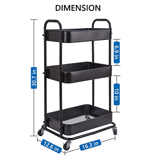 YOHKOH 3-Tier Metal Rolling Utility Cart, Storage Trolley Cart with Mesh Baskets and Lockable Wheels for Bathroom Kitchen Office (Dark Black) - WoodArtSupply