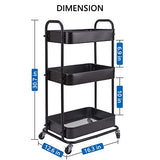 YOHKOH 3-Tier Metal Rolling Utility Cart, Storage Trolley Cart with Mesh Baskets and Lockable Wheels for Bathroom Kitchen Office (Dark Black) YOHKOH