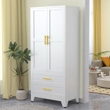 Metal Wardrobe Closet with 2 Doors & 2 Drawers, 71" Tall Armoire Wardrobe Closet with Hanging Rods and Adjustable Shelf, Steel Wardrobe Storage Cabinet for Bedroom-White winiowa