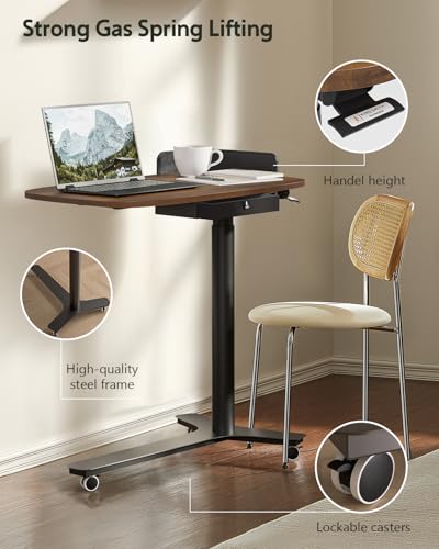 KINGSMITH Height Adjustable Mobile Standing Desk with 360° Swivel Casters, 28"-43" Pneumatic Rolling Desk with Storage Drawer, Perfect for Home Office, Bedroom, Living Room, Dark Walnut KINGSMITH