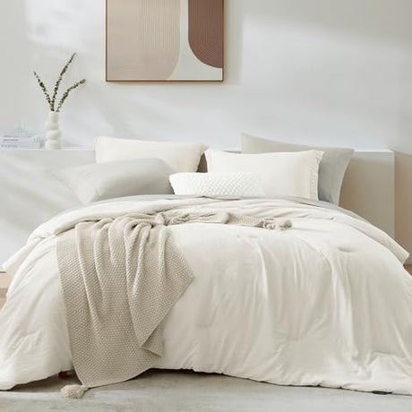 WRENSONGE Queen Comforter Set - 7 Pieces White Soft Bed in a Bag Queen with Fitted Sheet, Flat Sheet, 2 Pillow Shams, and 2 Pillowcases- Warm Bedding Sets for All Season WRENSONGE