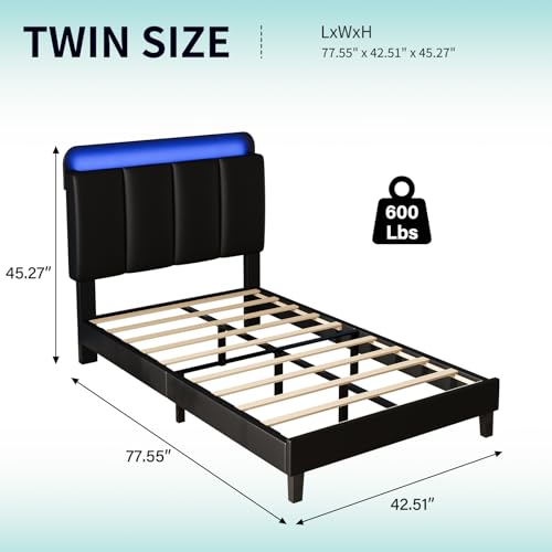 BarnFurin Twin Bed Frame with LED Lights, Upholstered Platform Bed with Storage Headboard, Single Bed Frame, Noise-Free, No Box Spring Needed, Easy Assembly, Black BarnFurin