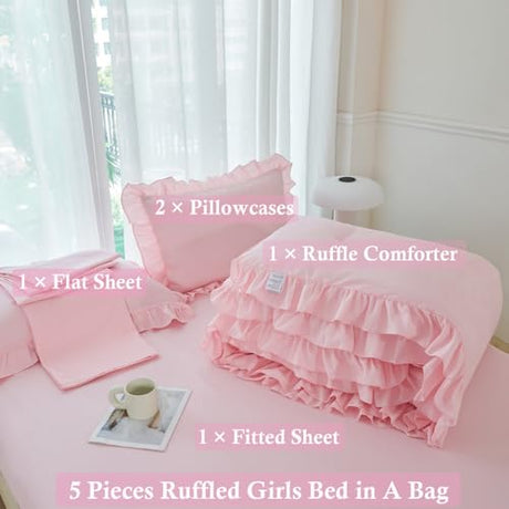ANGIYUIN 5 Pieces Pink Twin Size Comforter Set for Girls Ruffled Kids Bed in A Bag with Sheet Sets Farmhouse Shabby Bedding Sets with Ruffle Soft Fluffy Bed Sets (Pink Twin) ANGIYUIN