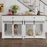 63'' Double Dog Crate Furniture for 2 Dogs, XXL Wooden 2 Dog Kennel, Wooden Dog Kennel with 2 Drawers,Divider and Sliding Door, Indoor Furniture Style Dog Crate End Table, White QueZeiah