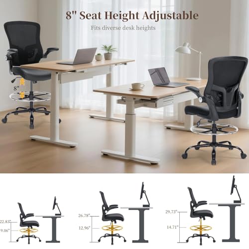 Drafting Chair, Tall Office Chair with PU Leather Seat, Ergonomic Standing Desk Chair with Lumbar Support Counter Height Office Chair with Adjustable Footrest Ring Flip-up Armrests Bondesin