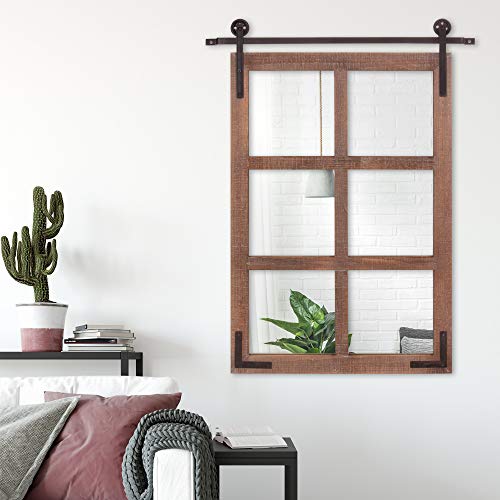 Patton Wall Decor 33x26 Sliding Barn Door Wood Window Wall Mirror, Brown - WoodArtSupply