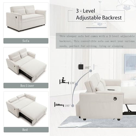 Convertible Loveseat Pull Out Sleeper Sofabed Futon Loveseat Lounge Couch for Living Room 3 in 1 Multi-Functional Pullout Sofa Bed with Reclining Backrest , USB Ports and Side Pockets for Home Office Eafurn
