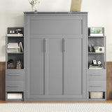 Queen Murphy Bed with Storage Drawers,LED Lights and Shelves,Wood Murphy Wall Bed Cabinet for Adults (Grey) MERITLINE