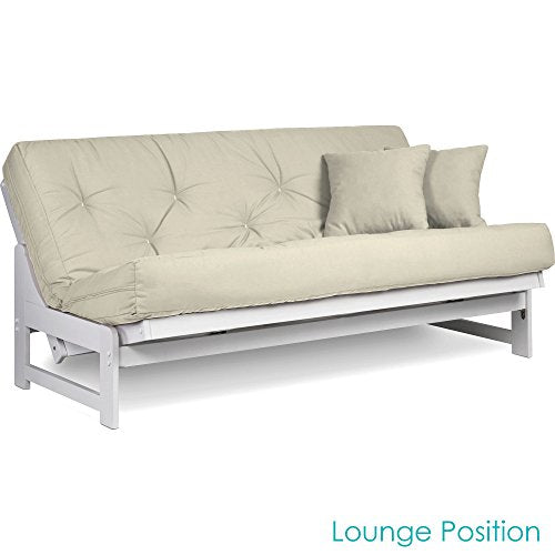 Arden White Futon Set Queen Size - Armless Futon Frame with Mattress Included (Twill Ivory), Space Saving Modern Sofa Bed Sleeper Nirvana Futons