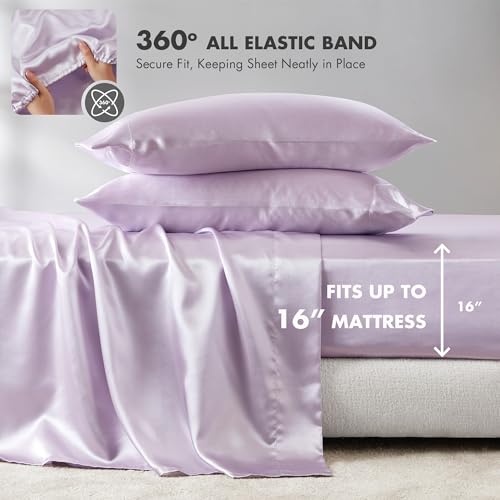 Madison Park Satin Sheets Twin Size, Luxurious Silky Bed Sheets, Elastic 14" Pocket fits up to 16" Mattress, Wrinkle-Free, Soft Satin Bed Sheet Set, Lilac 4 Piece Madison Park