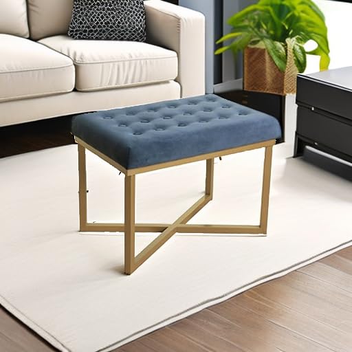 Homepop Home Decor | Upholstered Tufted Velvet Ottoman Bench | Ottoman Bench for Living Room & Bedroom, Blue, 24 x 16 x 17-1/2 inches high HomePop