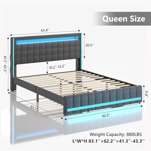 Dnxao Dark Grey Queen Upholstered Bed Frame with LED Lights and USB Charging Station - WoodArtSupply