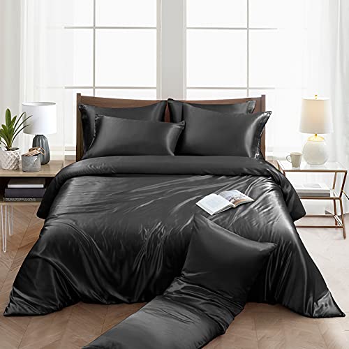 Ersmak 6 Pieces Satin Duvet Cover King Size Luxury Silky Bedding Duvet Cover Set with 1 Soft Duvet Cover, 4 King Pillowcases and 1 Body Pillowcase, Black Ersmak