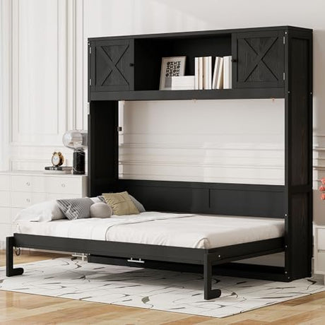 Harper & Bright Designs Full Size Murphy Bed, Wood Hidden Foldable Wall Bed Frame with Storage Cabinet for Bedroom, Office, Space-Saving, Black Harper & Bright Designs