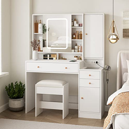 Vabches White Vanity Desk with Mirror and Lights, Vanity Table Makeup Vanity with Lights 3 Drawers and Cabinets, Charging Station & Sliding Door, Lots Storage Shelves - WoodArtSupply