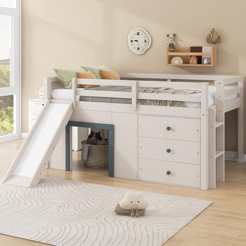 Quarte Full Size Kids Low Loft Bed with Slide,Three Storage Drawers and Two Doors,Solid Wood & MDF Construction, No Box Spring Needed Quarte