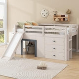 Quarte Full Size Kids Low Loft Bed with Slide,Three Storage Drawers and Two Doors,Solid Wood & MDF Construction, No Box Spring Needed Quarte