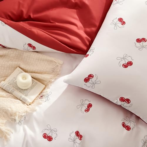 Bildenly White Twin Comforter Set - Red Cherry Quilt Bedding Set 2 Pieces, Comforter Set Twin Size, Soft & Lightweight Comforter(68‘’ x 90‘’) for Girl All Season & 1 Pillowcase(30‘’x20‘’) Bildenly