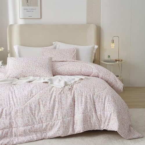 MKXI Luxury Comforter Set Leopard Print King Size Comforter Set Animal Cheetah Pattern Pink White Floral Bed Comforter Cute Leopard Aesthetic Comforter Bedding Set for All Season MKXI