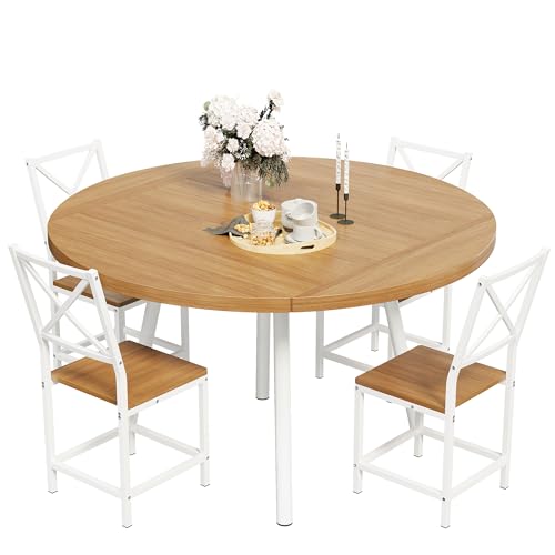 IRONCK Dining Table Set for 4, Round Kitchen Table and 4 Stool Chair for Dining Room, 44.5inch Drop Leaf Desk, Small Space Saving, Natural Wood IRONCK