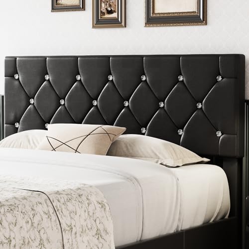 VECELO Full Size Bed Frame with 3 Storage Drawers, Leather Upholstered with Diamond Tufted Headboard, Solid Wood Slat Support & Steel Framework, PU & Black VECELO