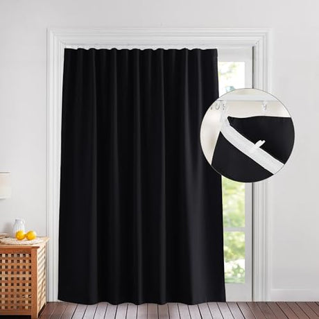 NICETOWN Lower Noise Room Divider Curtain Screen Partitions with Adhesive Curtain Track, 7ft Tall x 8.3ft Wide, Black, Blackout Sound Reducing Panel for Doorway/Glass Window/Sliding Door/Patio NICETOWN