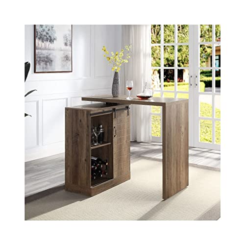 Acme Quillon Rustic Oak Wooden Bar Table with Swivel Top and Wine Rack - WoodArtSupply