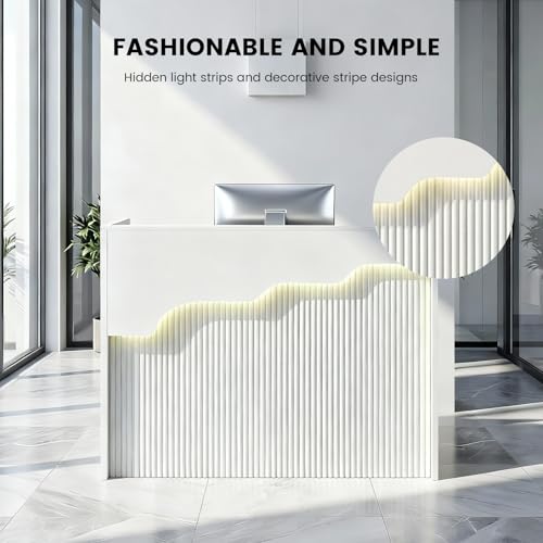 Small Reception Desk with Counter LED Lights,Modern Front Desk Checkout Counter with Lockable Drawer,Wooden Reception Room Tables, Cash Register Stand for Salon,Retail,Office,Lobby(White, 47.2in) WUIOYNF