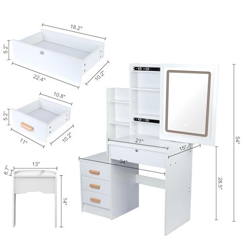 Vanity Desk with Sliding Mirror and Lights, Small Vanity Table Makeup Vanity Dressing Table, Makeup Vanity with Drawers & Shelves, Bedroom Dressing Table, Writing Desk Bedroom Essential (Whit - WoodArtSupply